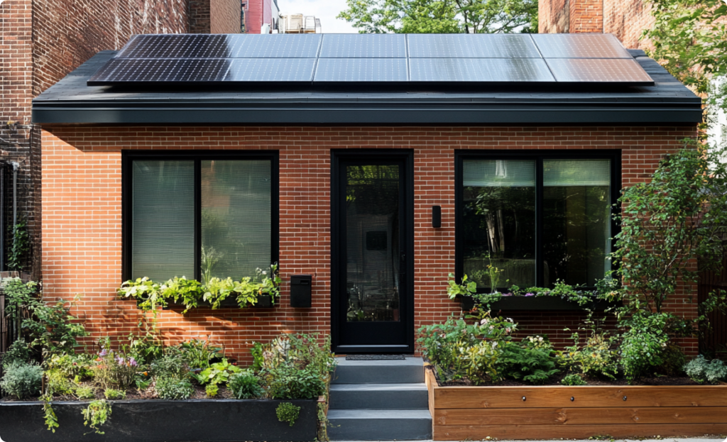 New York style home with solar panels