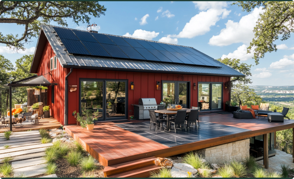 Texas ranch style home with solar panels